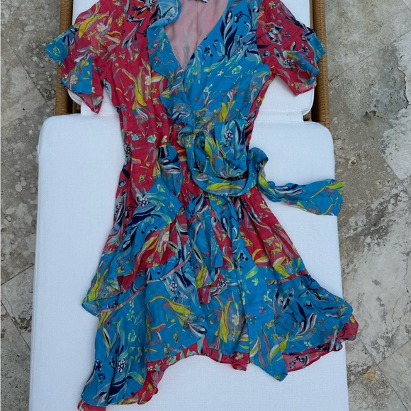 Tanya Taylor Bianka Silk Faux Wrap Floral Print Ruffle Mini Dress Size 4 Women's - Picture 7 of 16